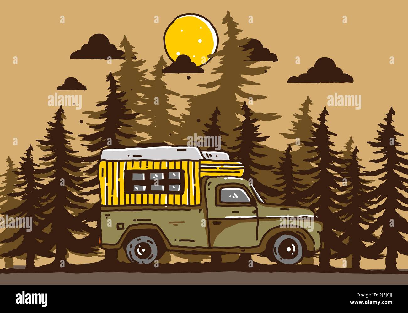 wood camper van in the forest illustration design Stock Vector Image ...