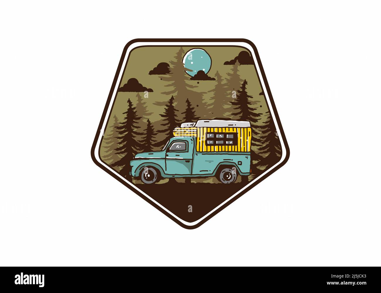 wood camper van in the forest illustration design Stock Vector