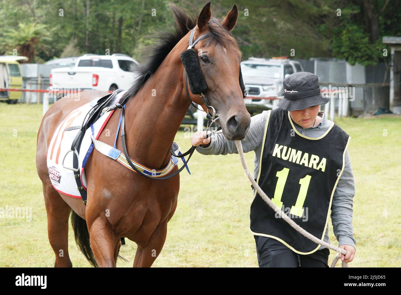 KUMARA, NEW ZEALAND, JANUARY 8, 2022; A young trainer warms up his horse before a race at the Gold Nuggets competition at the Kumara Race Track, Janua Stock Photo