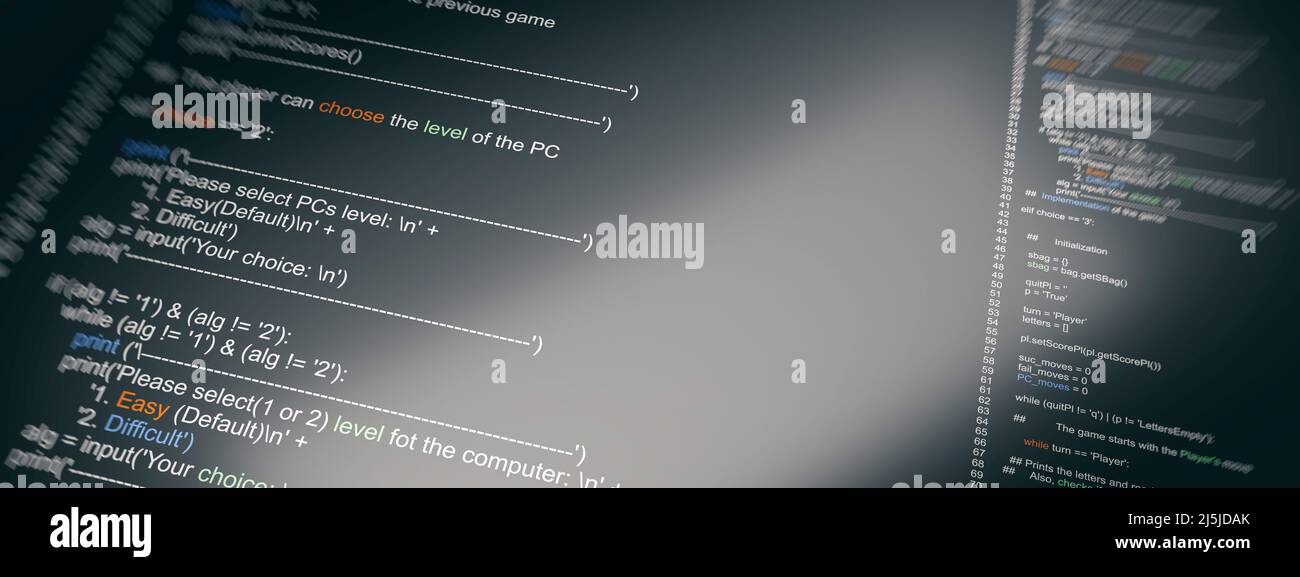 Computer code, program. Develop coding on a electronic device screen, banner. Selective focus, close up view, 3d render Stock Photo