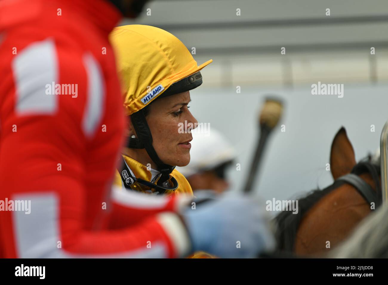 KUMARA, NEW ZEALAND, JANUARY 8, 2022; jockeys wait in the starting gate before a race at the Gold Nuggets competition at the Kumara Race Track, Januar Stock Photo