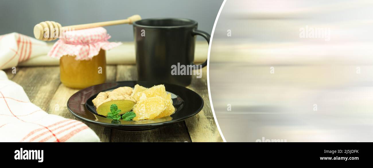 Three kinds of ginger ground spice fresh and candied on rustic table