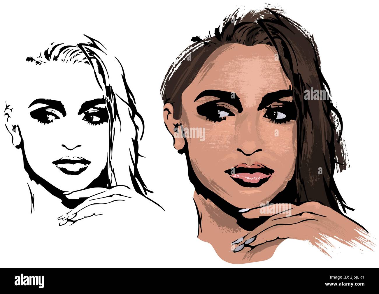 Female Face as Watercolor Paint and Black Sketch Stock Vector Image