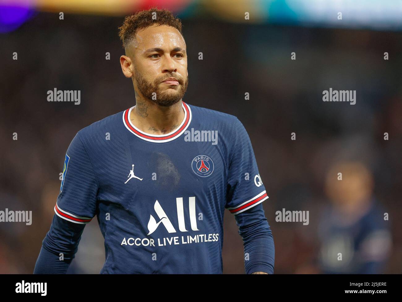 Neymar Jr of PSG in action during the French Ligue 1 Uber Eats, Day 34,  Paris- Saint-Germain (PSG) v RC Lens at Parc des Princes Stadium in Paris,  France on April 23,