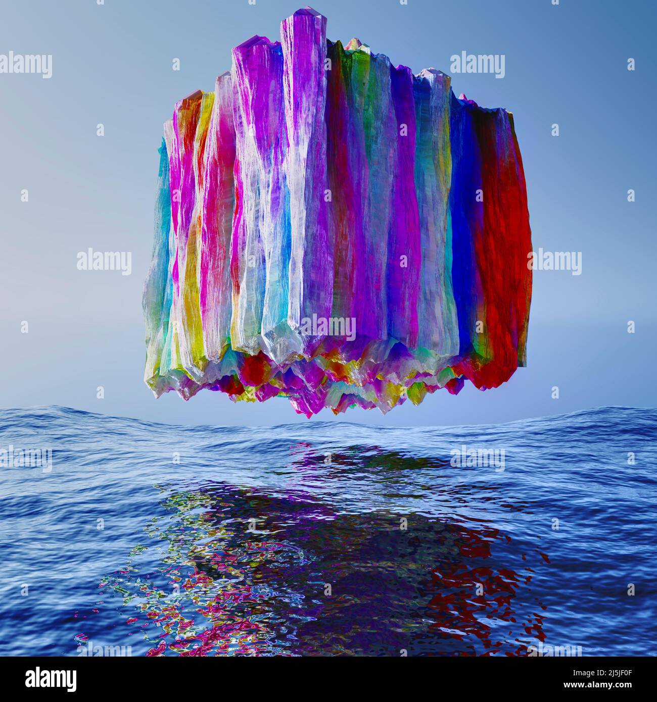 3d illustration of a  vibrant multicolored crystal cube floating over tranquil waters Stock Photo