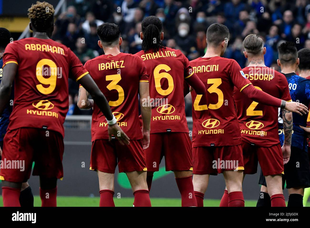 As Roma Players Tammy Abraham Roger Ibanez Chris Smalling Gianluca Mancini And Rick Karsdorp During The Serie A Football Match Between Fc Internazi Stock Photo Alamy
