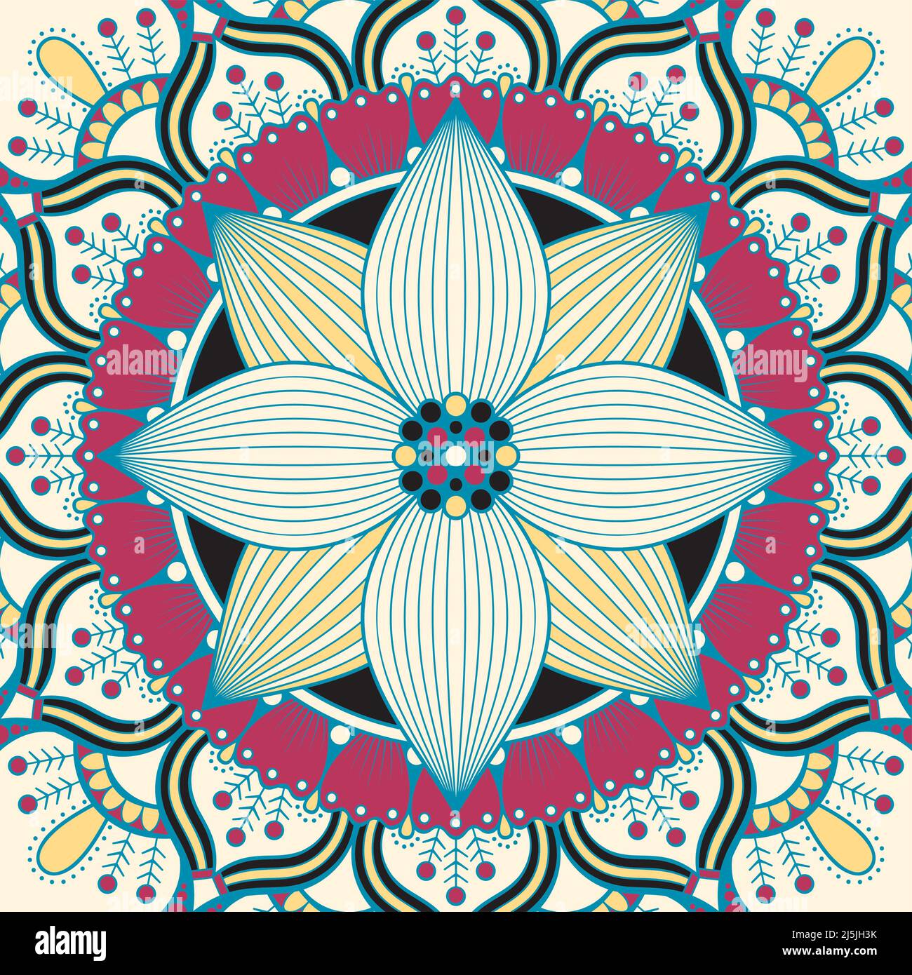 Mandala in yellow pink red and blue color. Vector illustration Stock Vector
