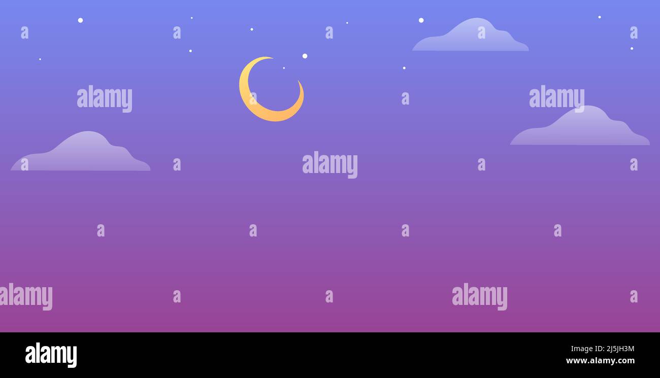 Night sky with crescent moon and clouds. Vector illustration Stock Vector