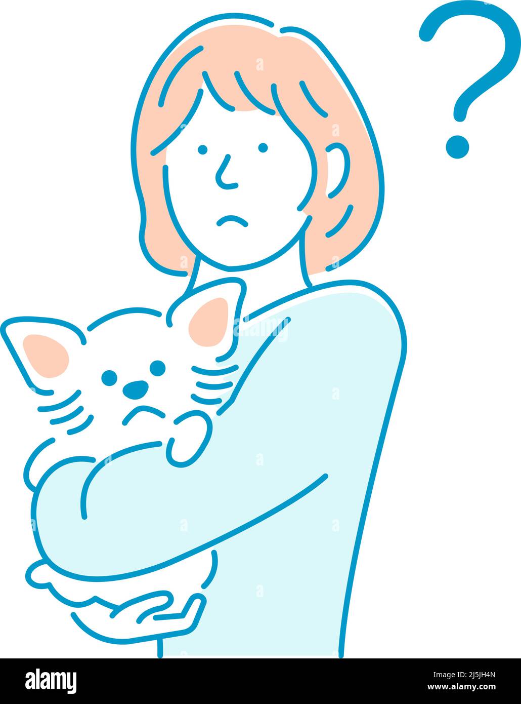 Illustration of a woman holding a dog | thinking, question Stock Vector