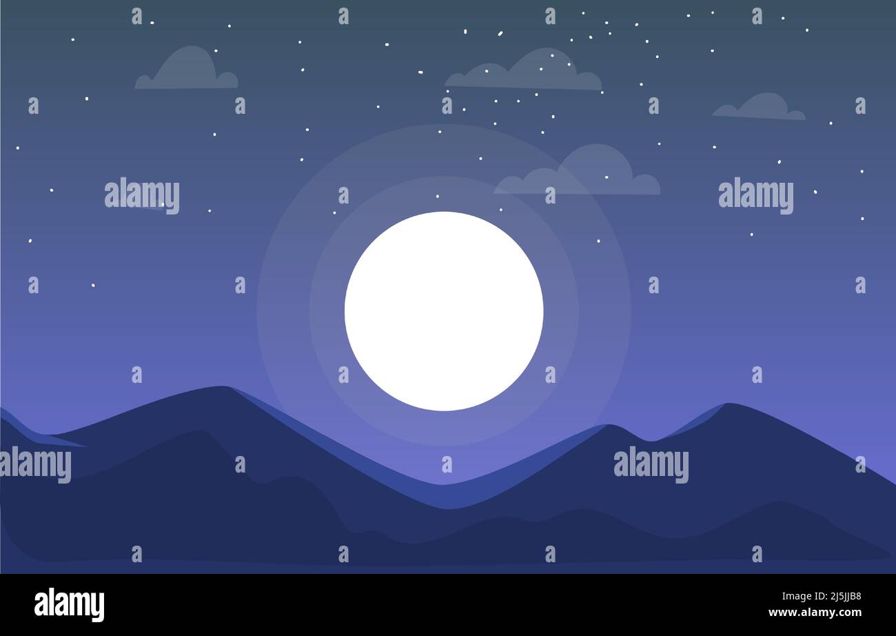 Full moon mountain clouds and stars minimal landscape. Vector illustration Stock Vector