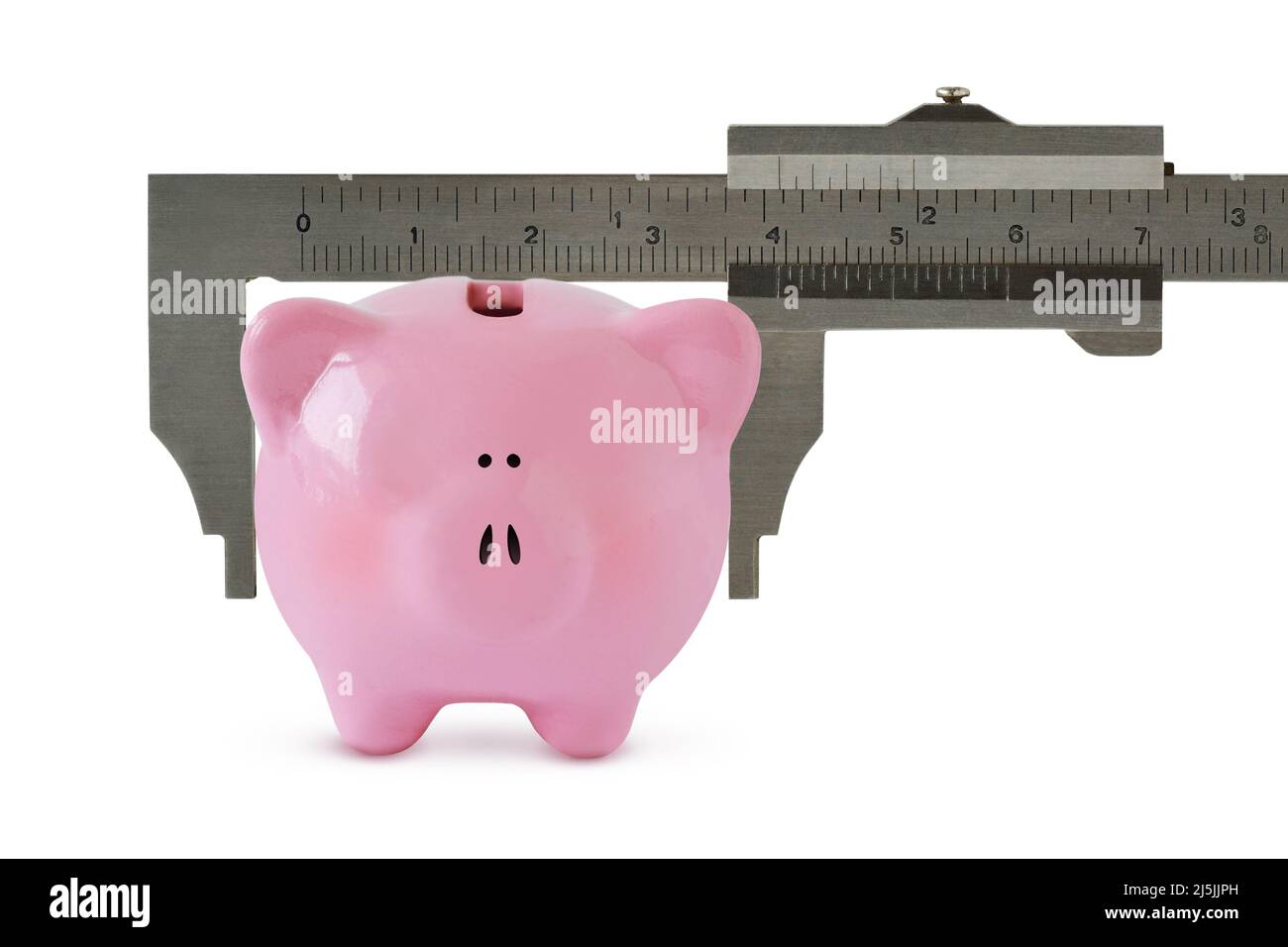 Piggy bank with vernier caliper on white background - Concept of economy and savings Stock Photo