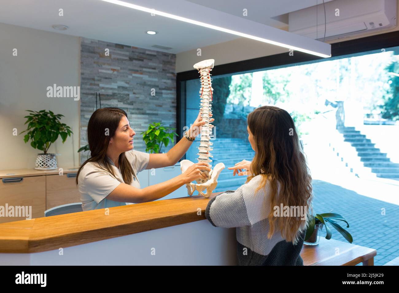 Physiotherapist holding a model of spine and showing and explaining the spinal hernia to patient