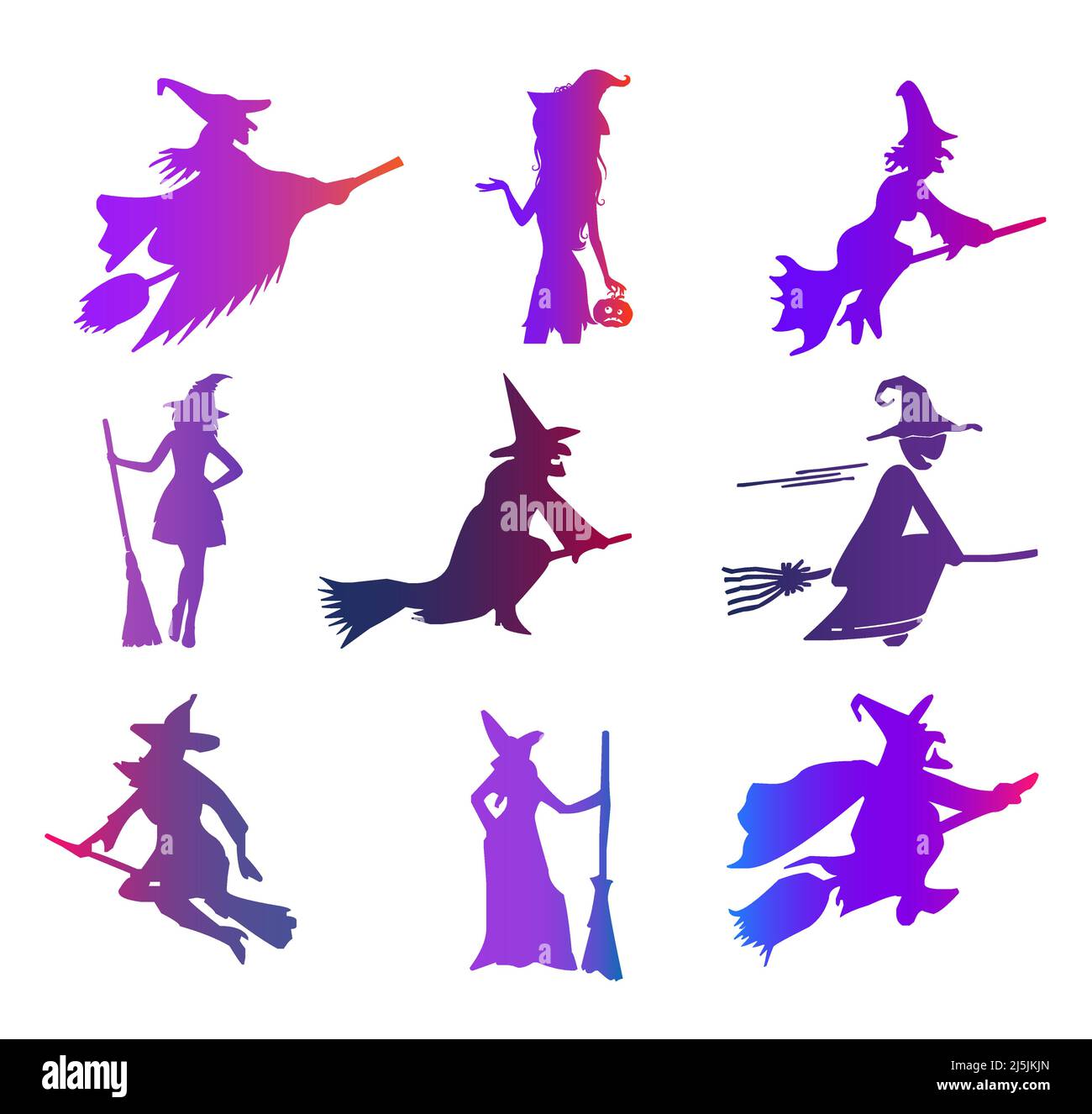 Witch with broom colorful vector icon set Stock Vector