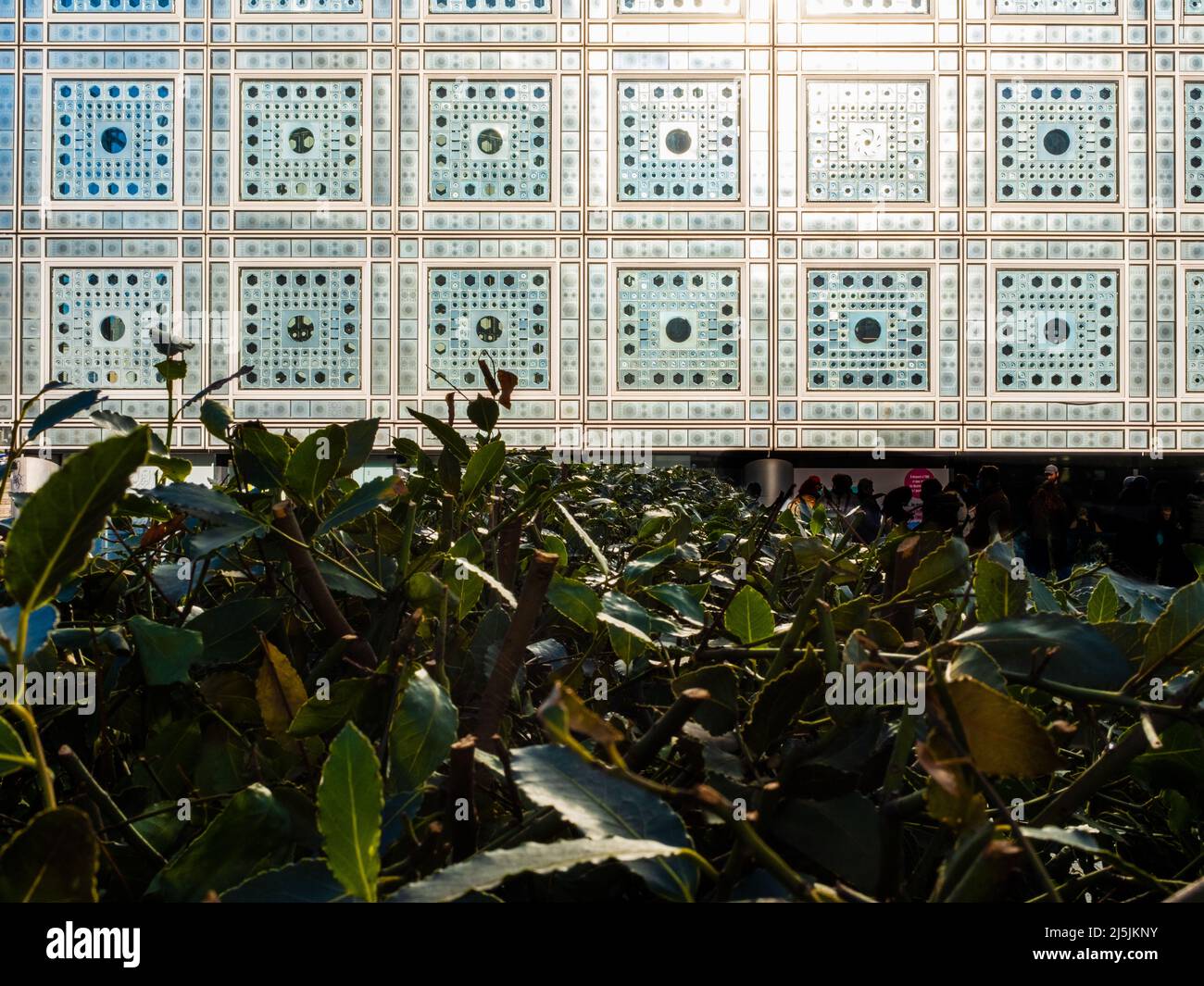 Details of diaphragm aperture on windows forming mashrabiya motives on a Parisian museum named institute du monde arabe Stock Photo