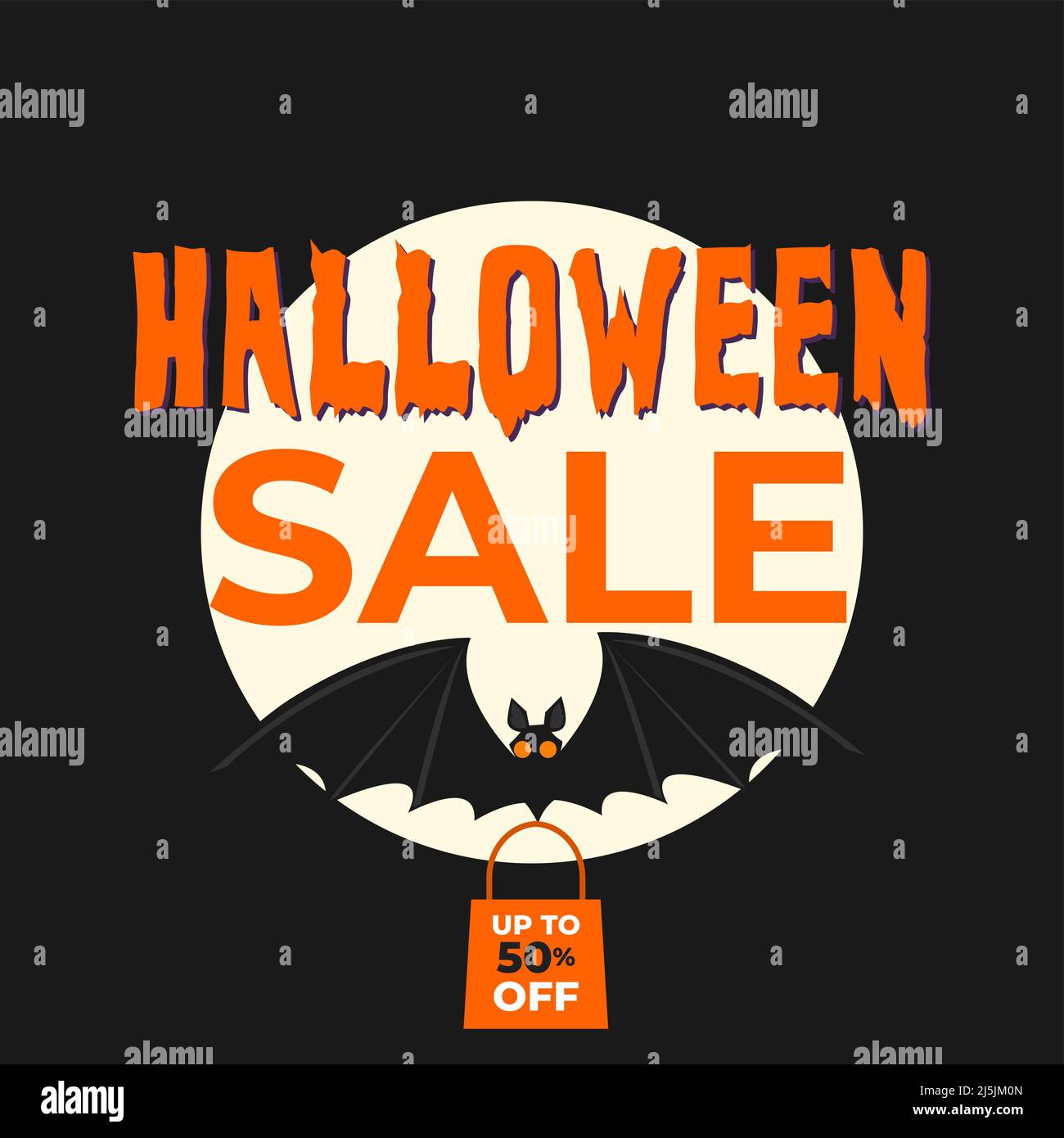 Halloween sale with bat moon and bag in black and orange color. Vector