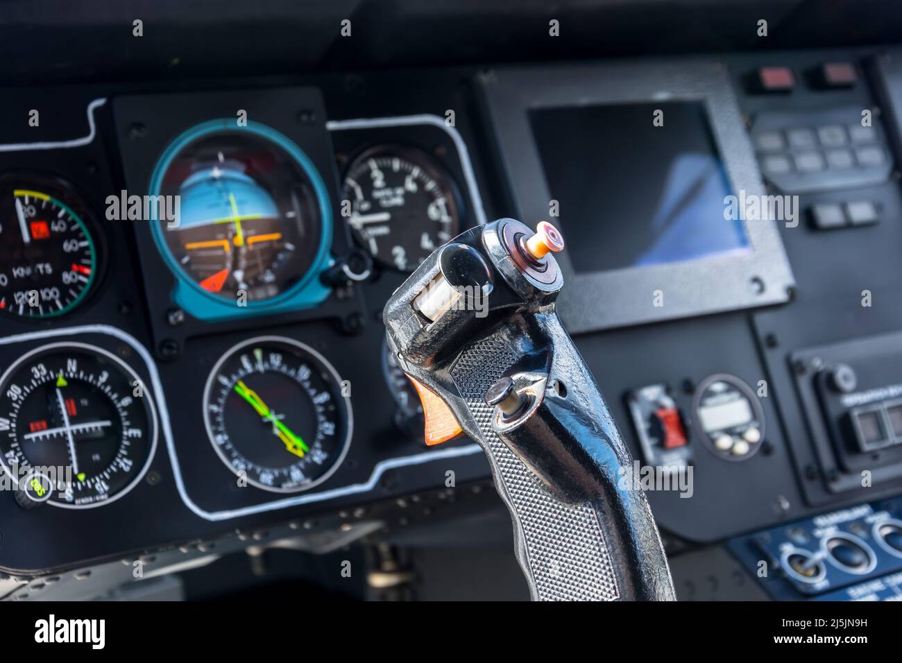 Airplane cockpit view steering wheel, aircraft, pilot's control cabin