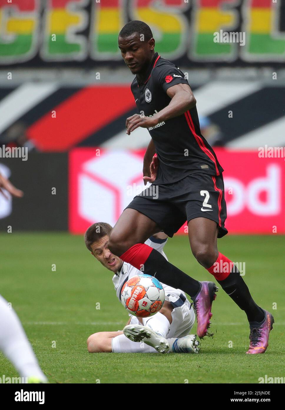 Frankfurt, Deutschland. 23rd Apr, 2022. From right: Filip KOSTIC (Eintracht  Frankfurt) in dispute with Kevin VOGT (1899 Hoffenheim). Soccer 1st  Bundesliga season 2021/2022, 31.matchday, matchday31. Eintracht Frankfurt -  TSG 1899 Hoffenheim 2-2