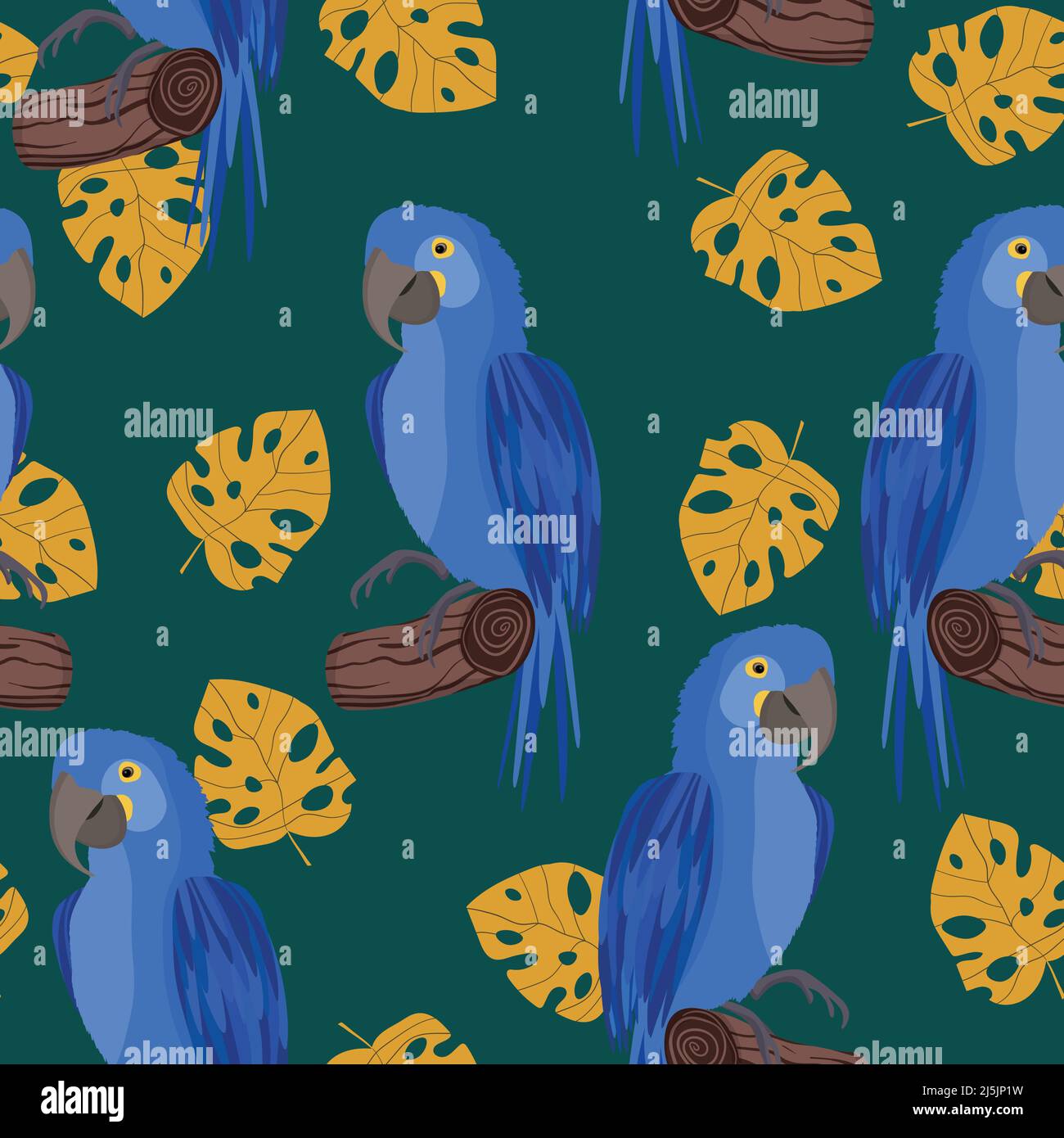 Seamless pattern with cute cartoon parrot bird on branch. Vector ...