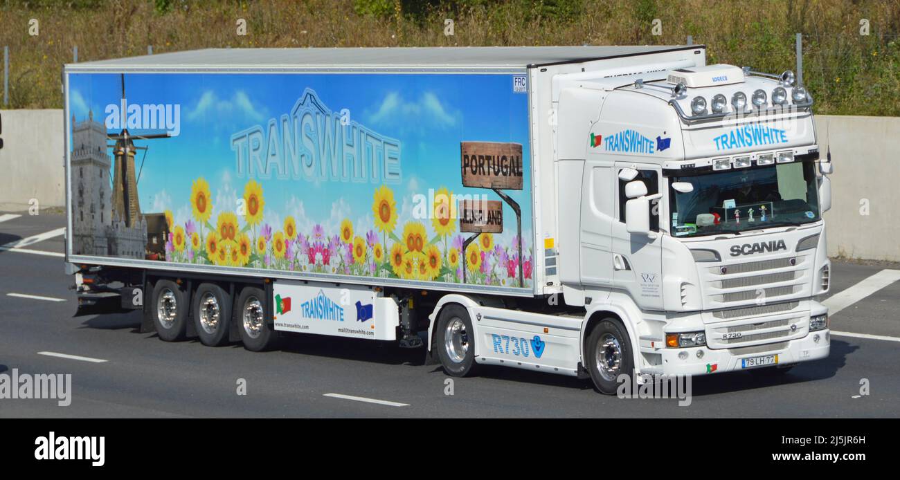 Colourful flower graphic on Transwhite Portuguese haulage business articulated delivery trailer& white SCANIA hgv lorry truck driving UK motorway road Stock Photo