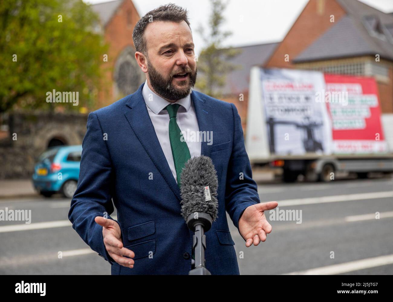 SDLP Leader Colum Eastwood MP during an interview on the Falls Road, Belfast. Stock Photo