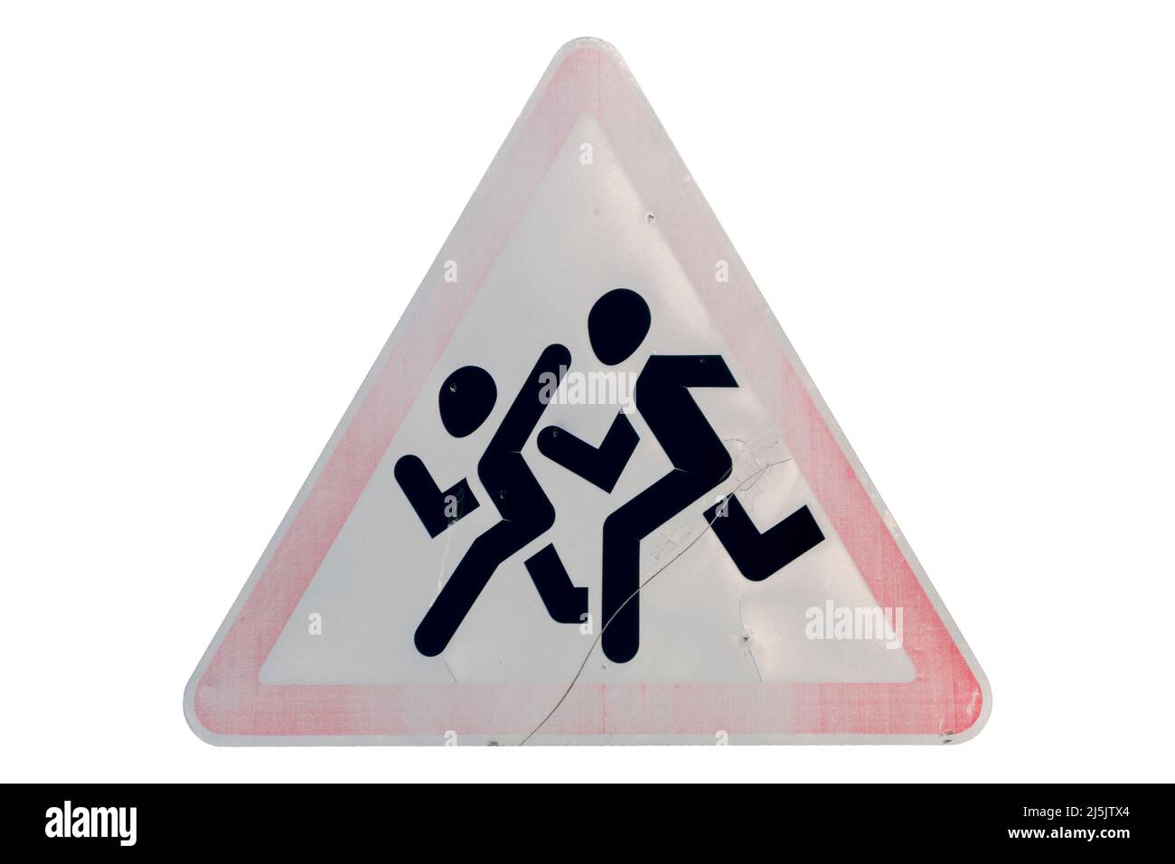 Triangular scratched red border old weather-stained road sign 'Children' isolated on white. Stock Photo