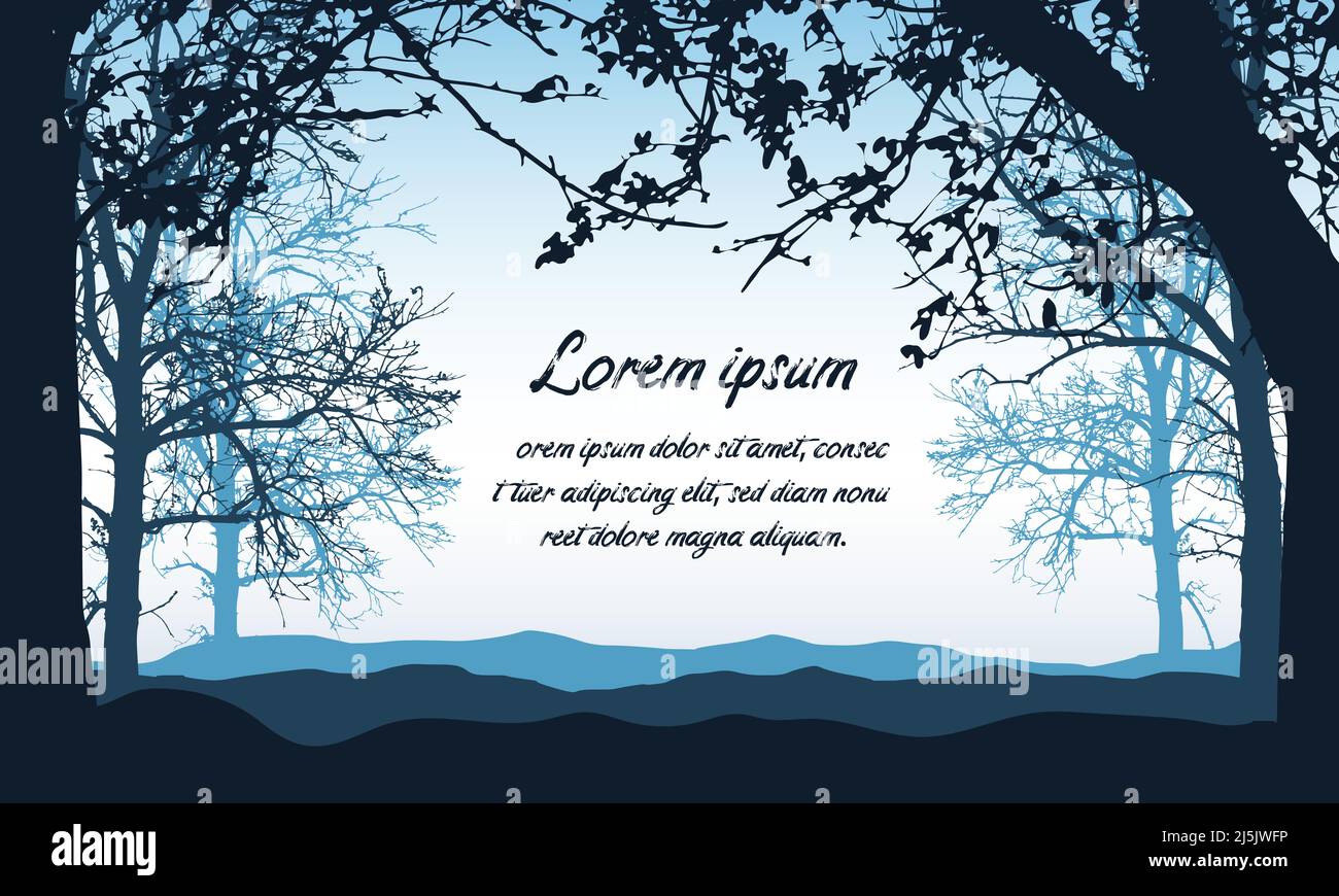 Flat design illustration of landscape with trees and branches. Space for your text in the blue sky - vector Stock Vector