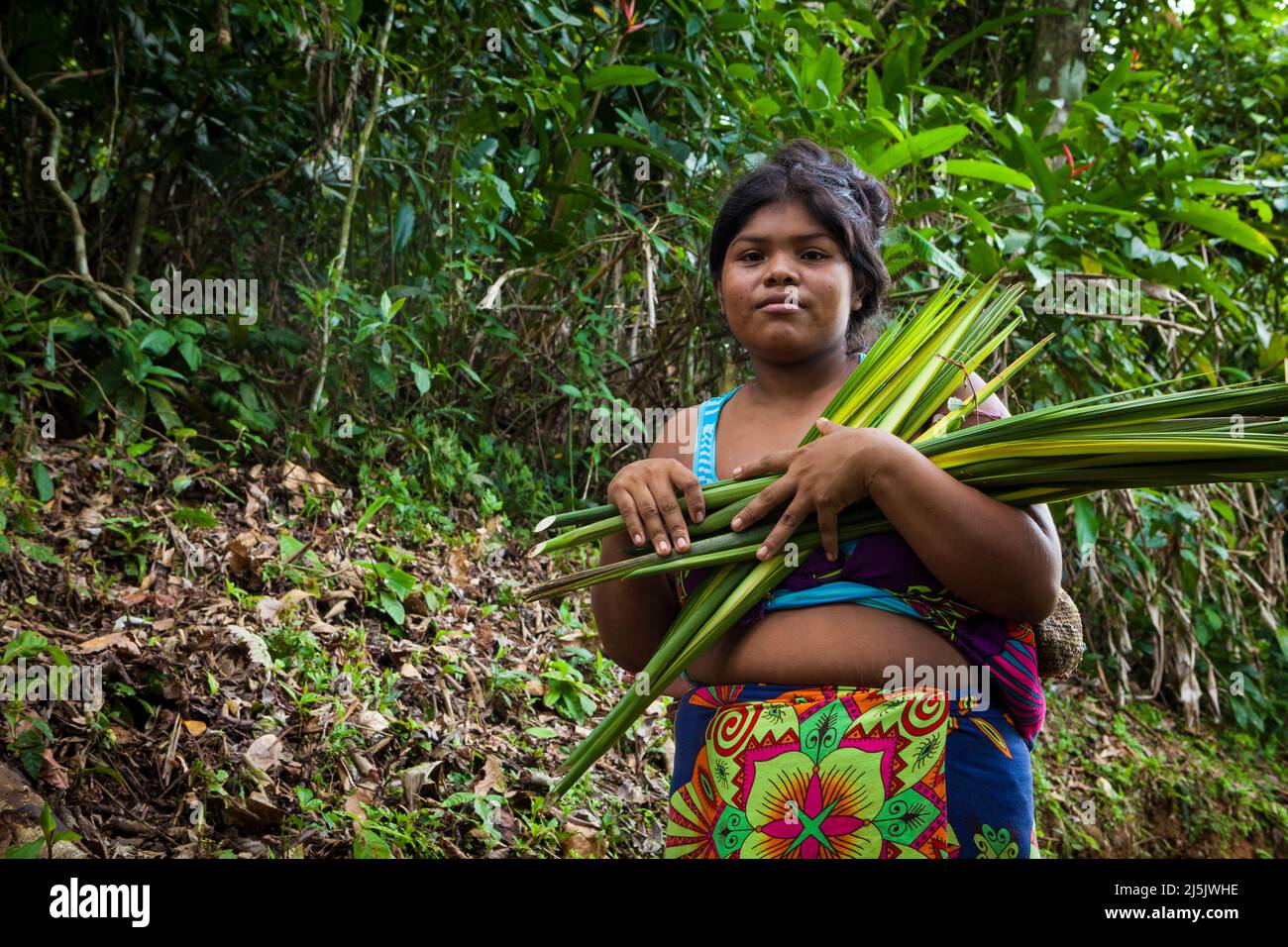Embera indian woman with harvest in the rainforest near the village beside Rio Pequeni, Colon province, Republic of Panama, Central America. Stock Photo