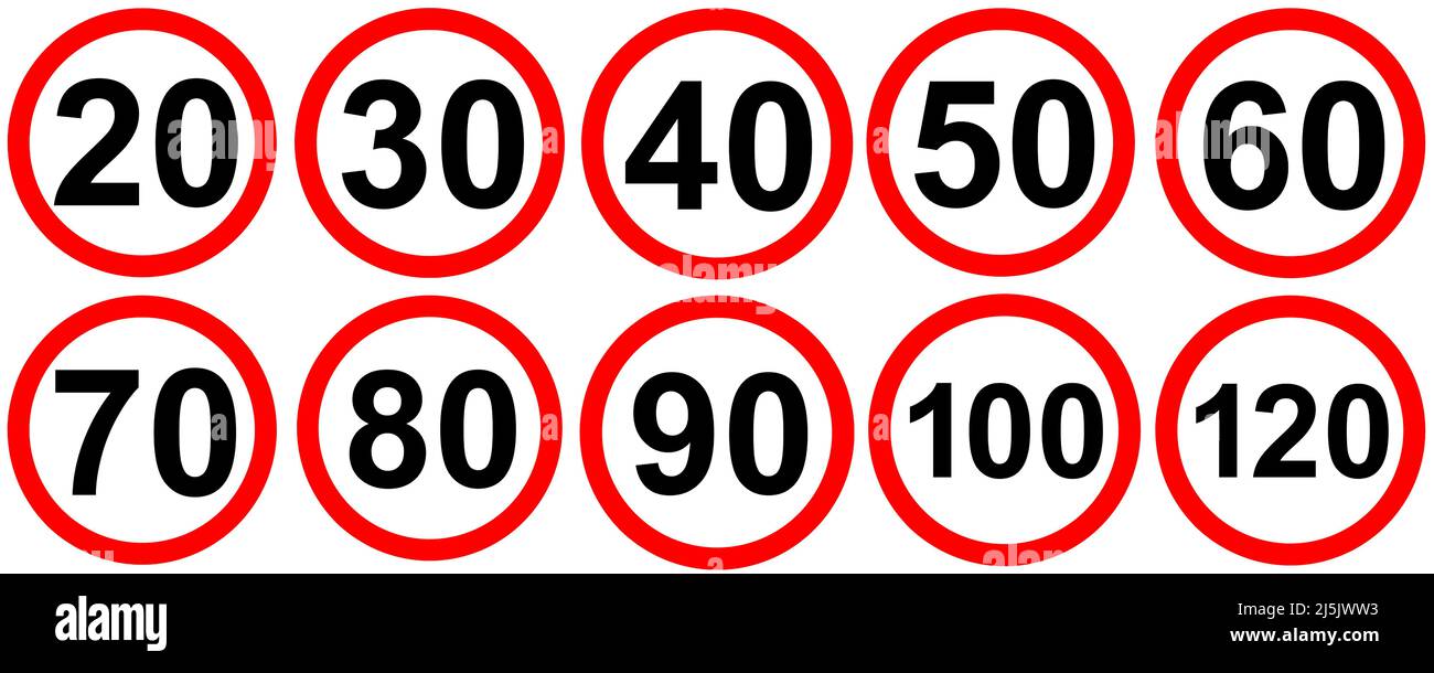 All of the speed limit traffic signs on different road Stock Photo