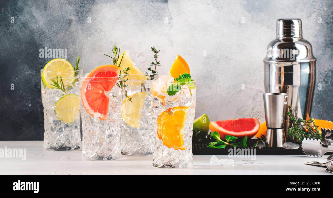 Gin tonic citrus cocktails set. Alcoholic drinks with lime, lemon