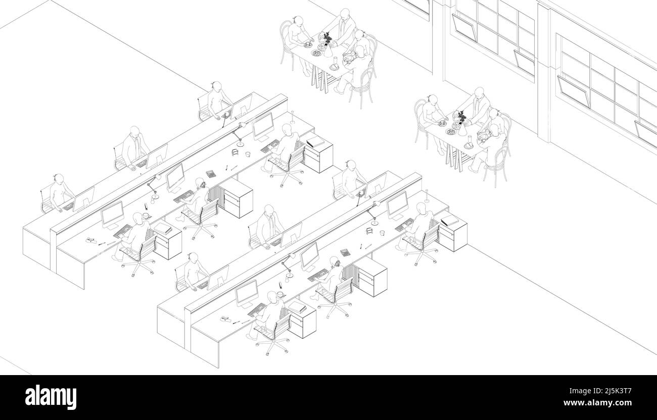 Outline of an office with working people at computers from black lines