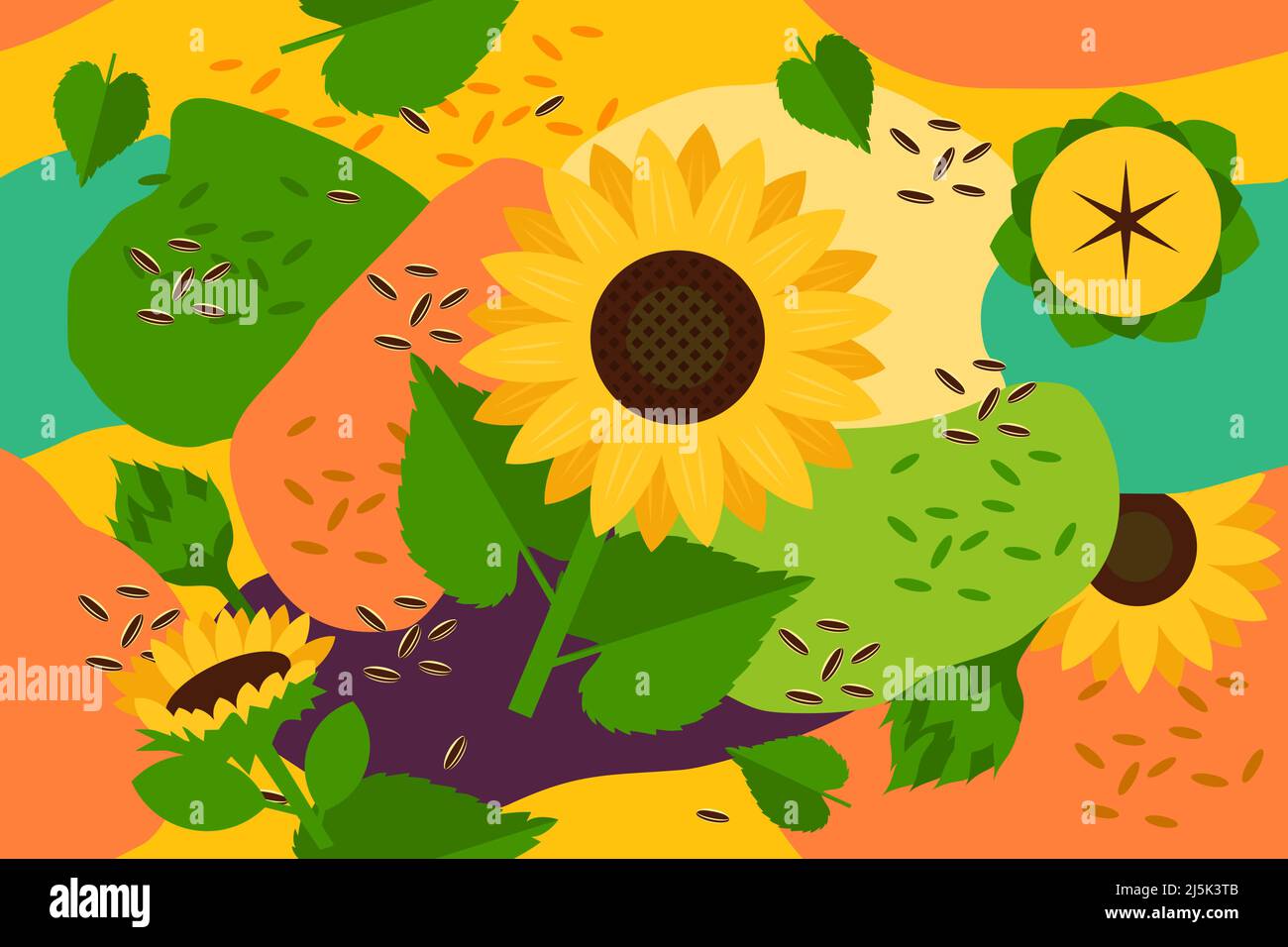Sunflower and seeds seamless elements abstract pattern vector design background Stock Vector