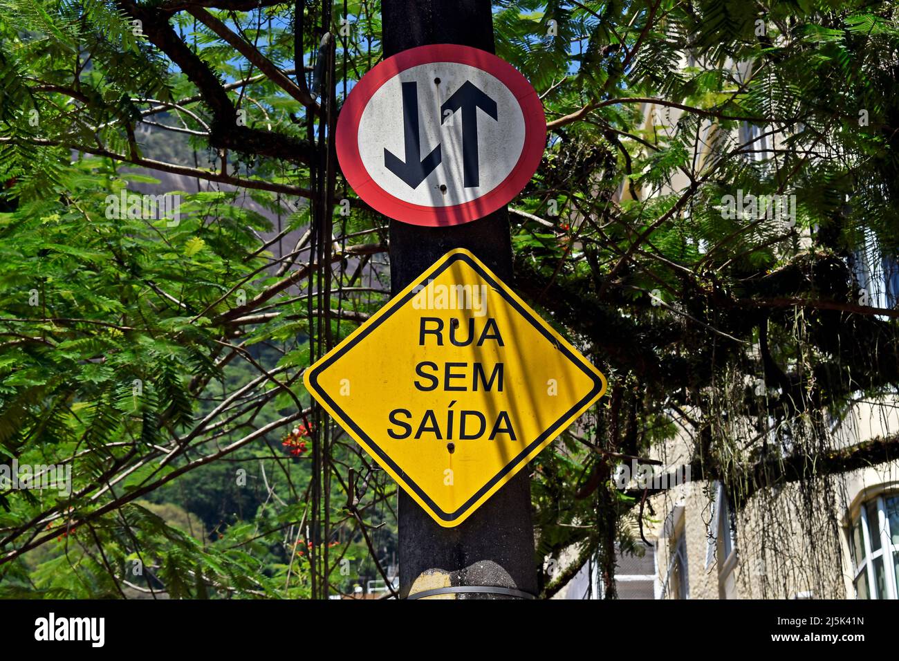 Signposts indicating dead end street, Rio Stock Photo