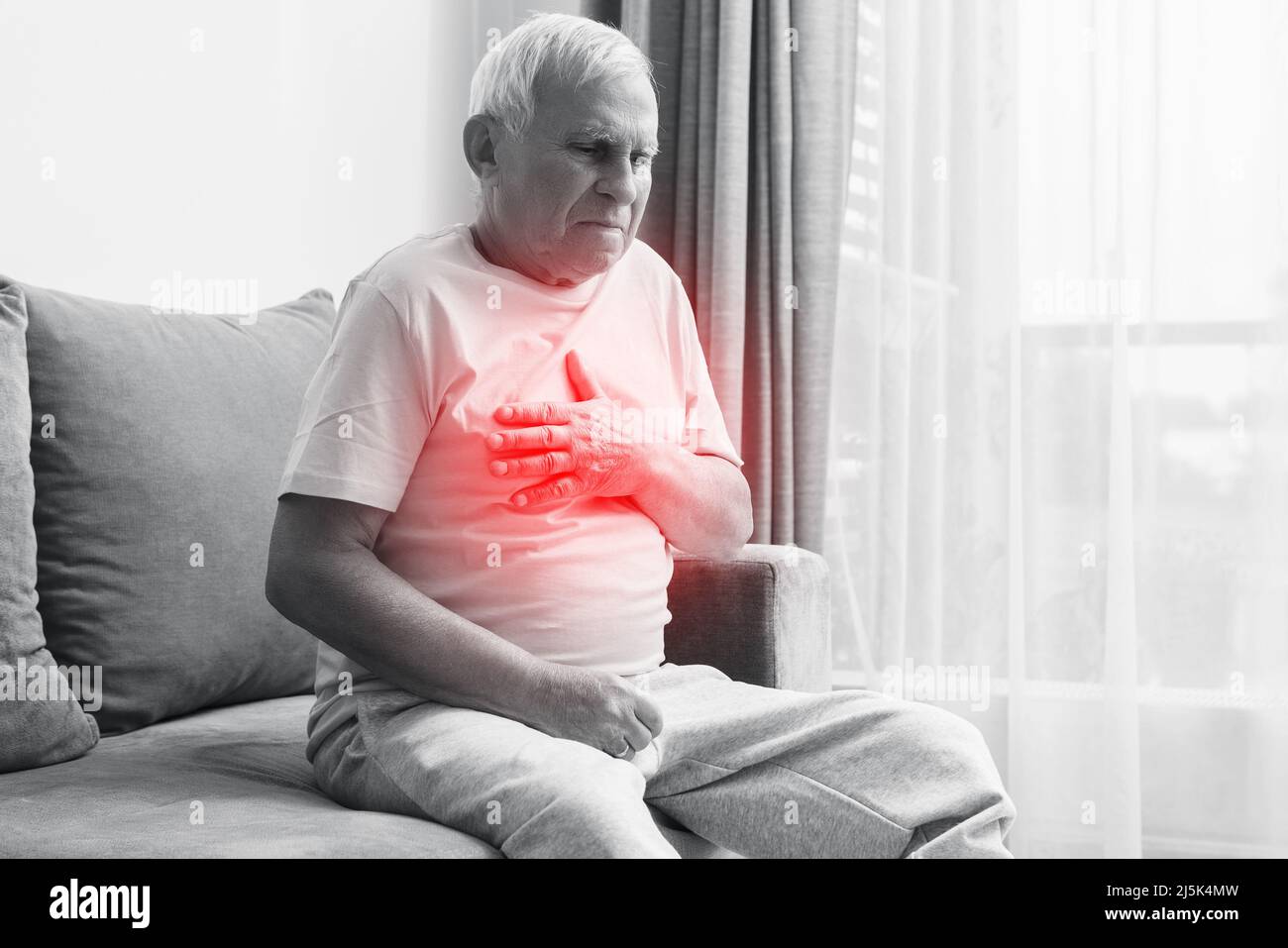 Senior man have pain in chest. Concepts of different problems like acid
