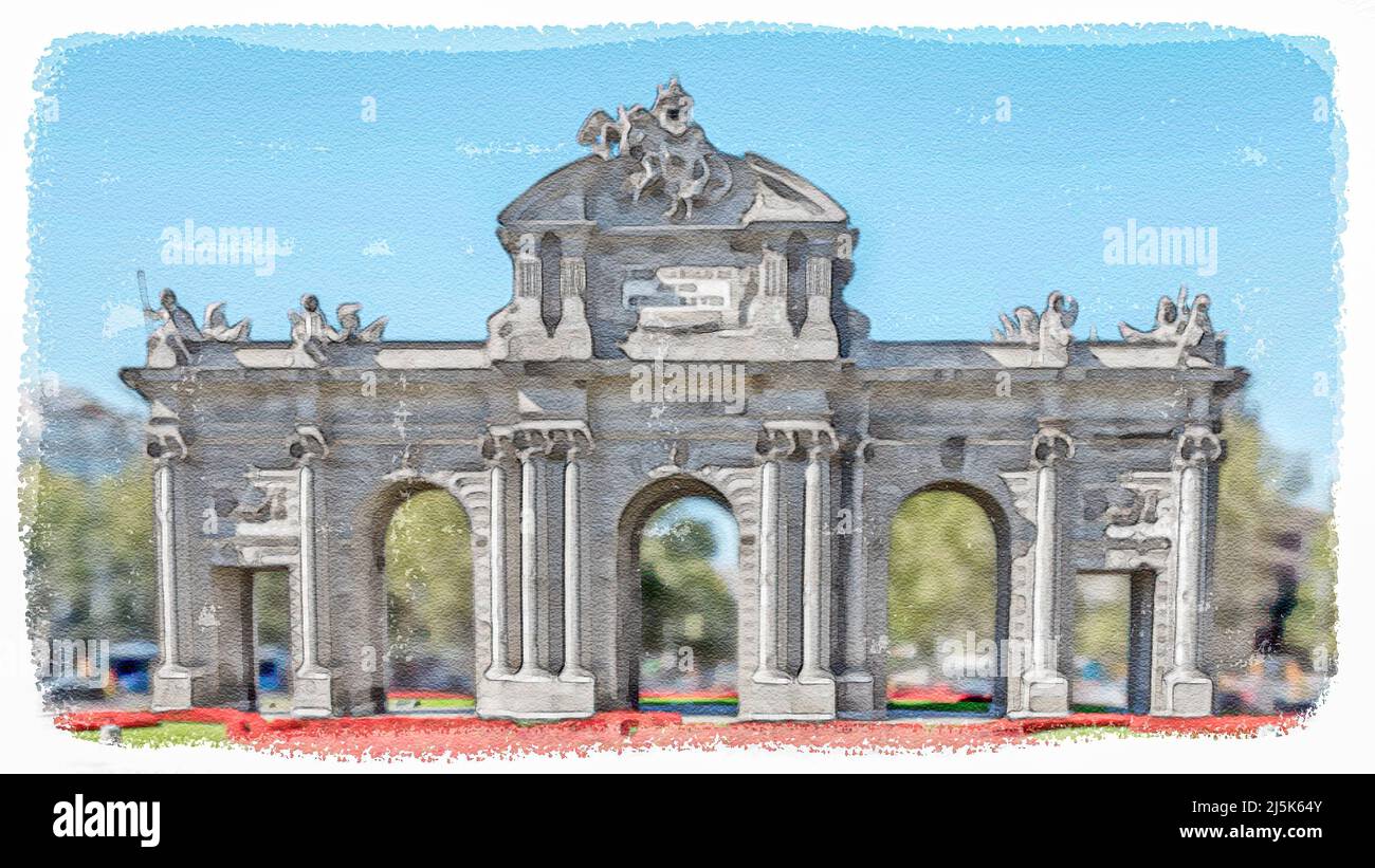 The Puerta de Alcala, with red flowers in autumn Stock Photo