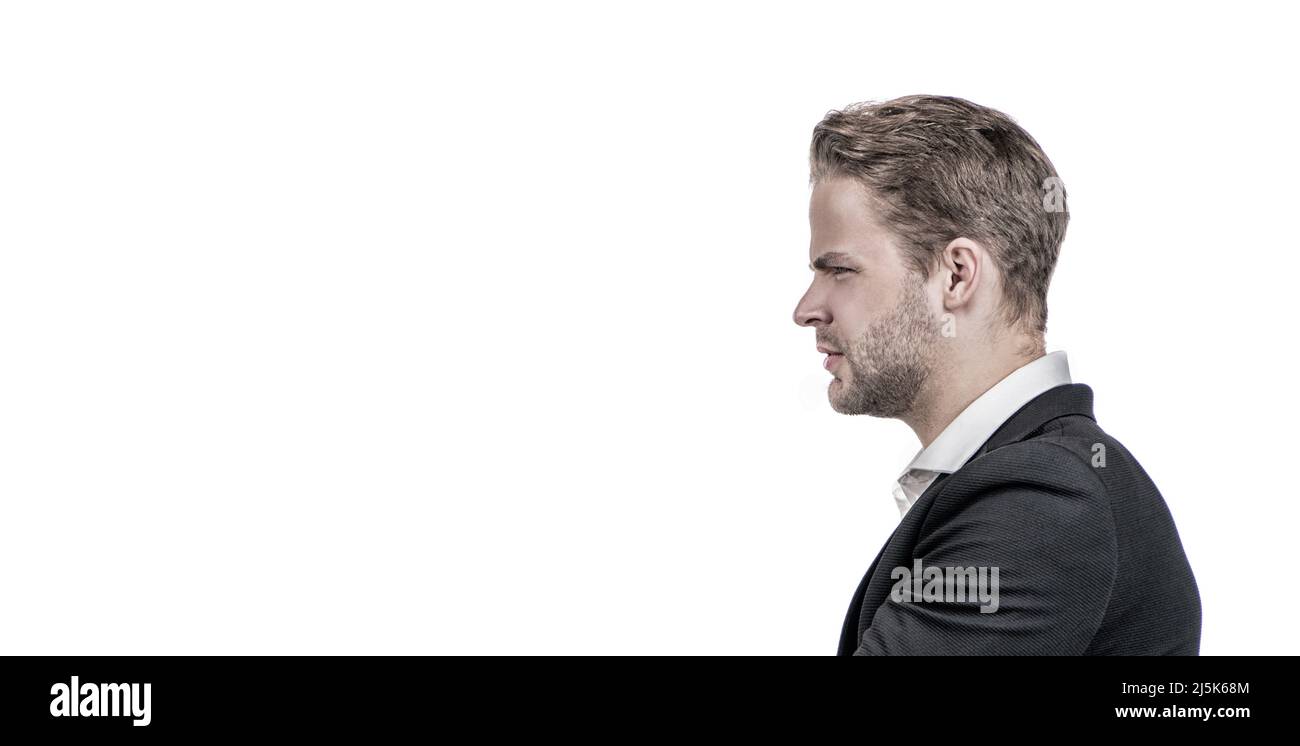 Frown of disapproval. Frown guy side-face. Professional man frowning profile. Disapproval Stock Photo