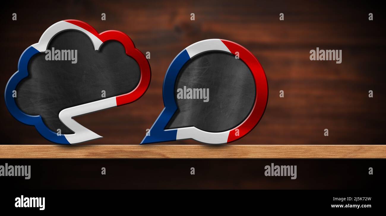 3D illustration of two empty speech bubbles with French flag on a