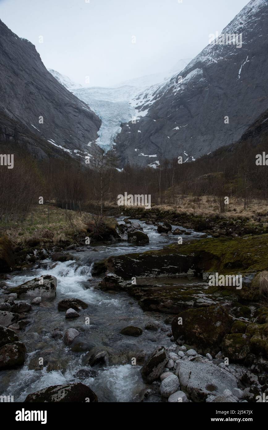 Briksdalsbreen is a glacier arm running down from Europe's largest continental glacierJostedalsbreen and Jostedalsbreen National Park in Norway. Stock Photo