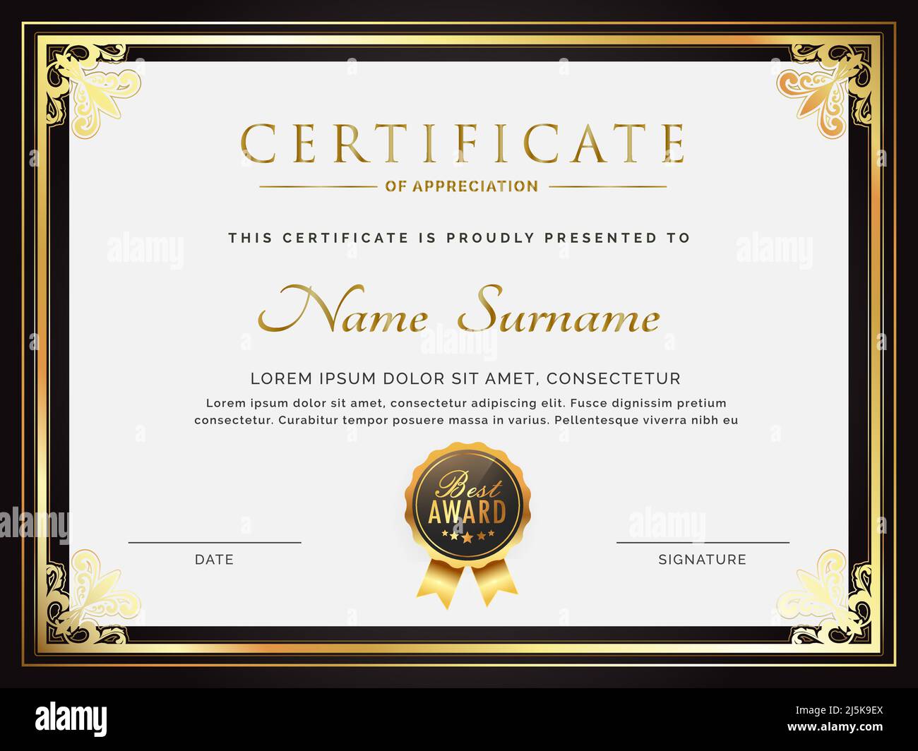 Certificate of appreciation template in gold black color with gold badge. Certificate luxurious border template. Elegant gold black color diploma cert Stock Vector