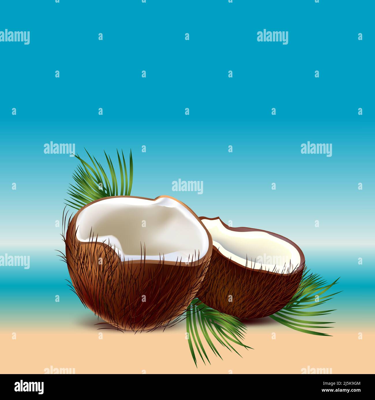 Coconut with palm leaves on a tropical beach scenery Stock Vector