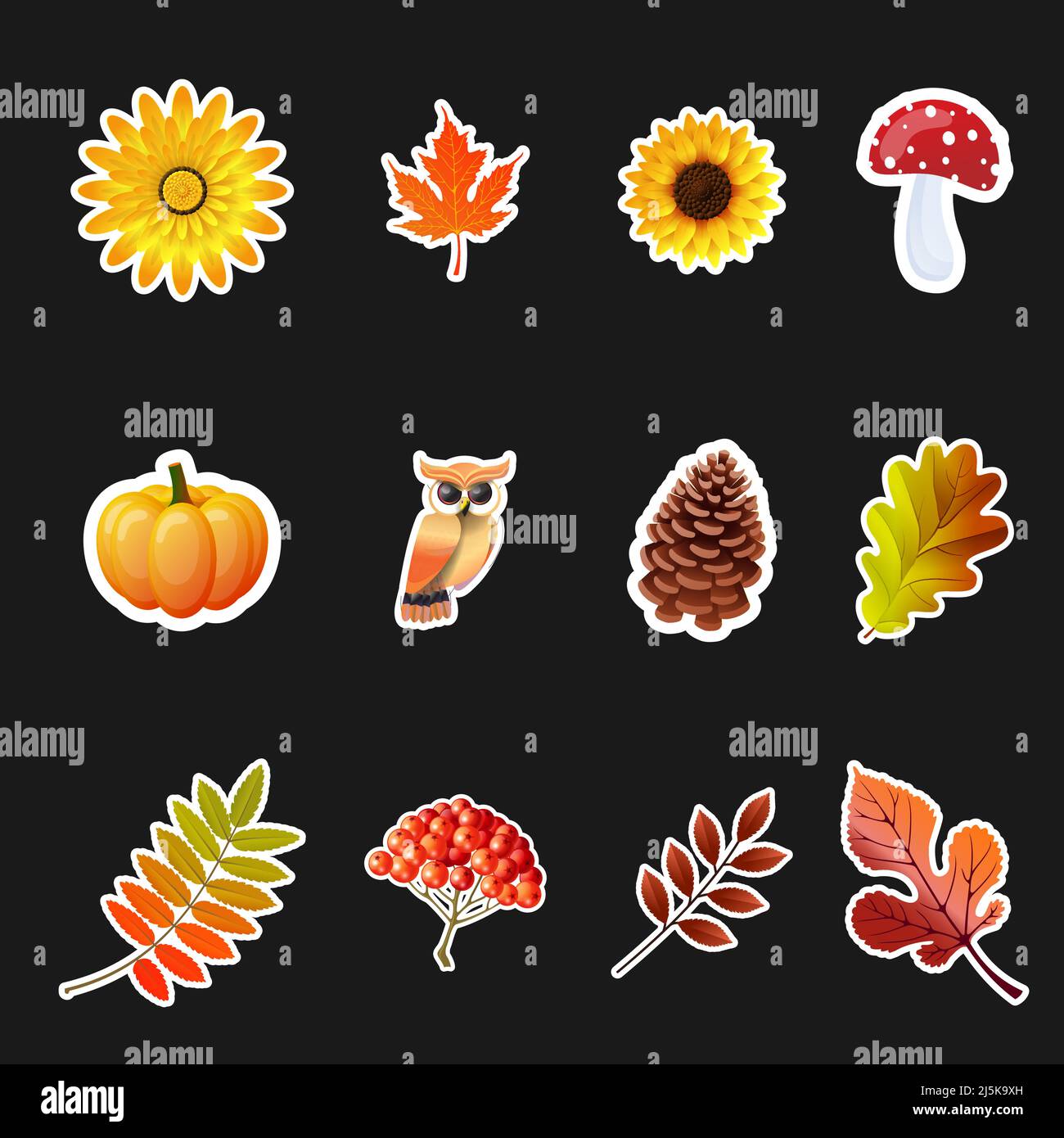 Autumn Element Stickers. Sunflower, Maple Leaf, Mushroom, Pumpkin, Owl, Pine cone, Cherries Stock Vector