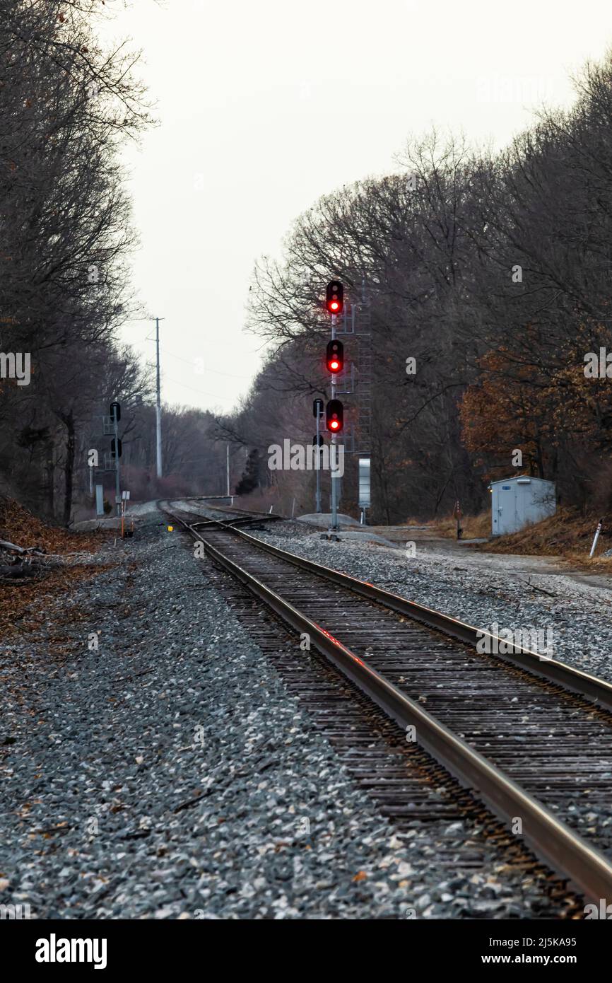 Norfolk Southern and Amtrak railroad tracks in vicinity of Historic Bridge Park in Calhoun Country near Battle Creek, Michigan, USA Stock Photo