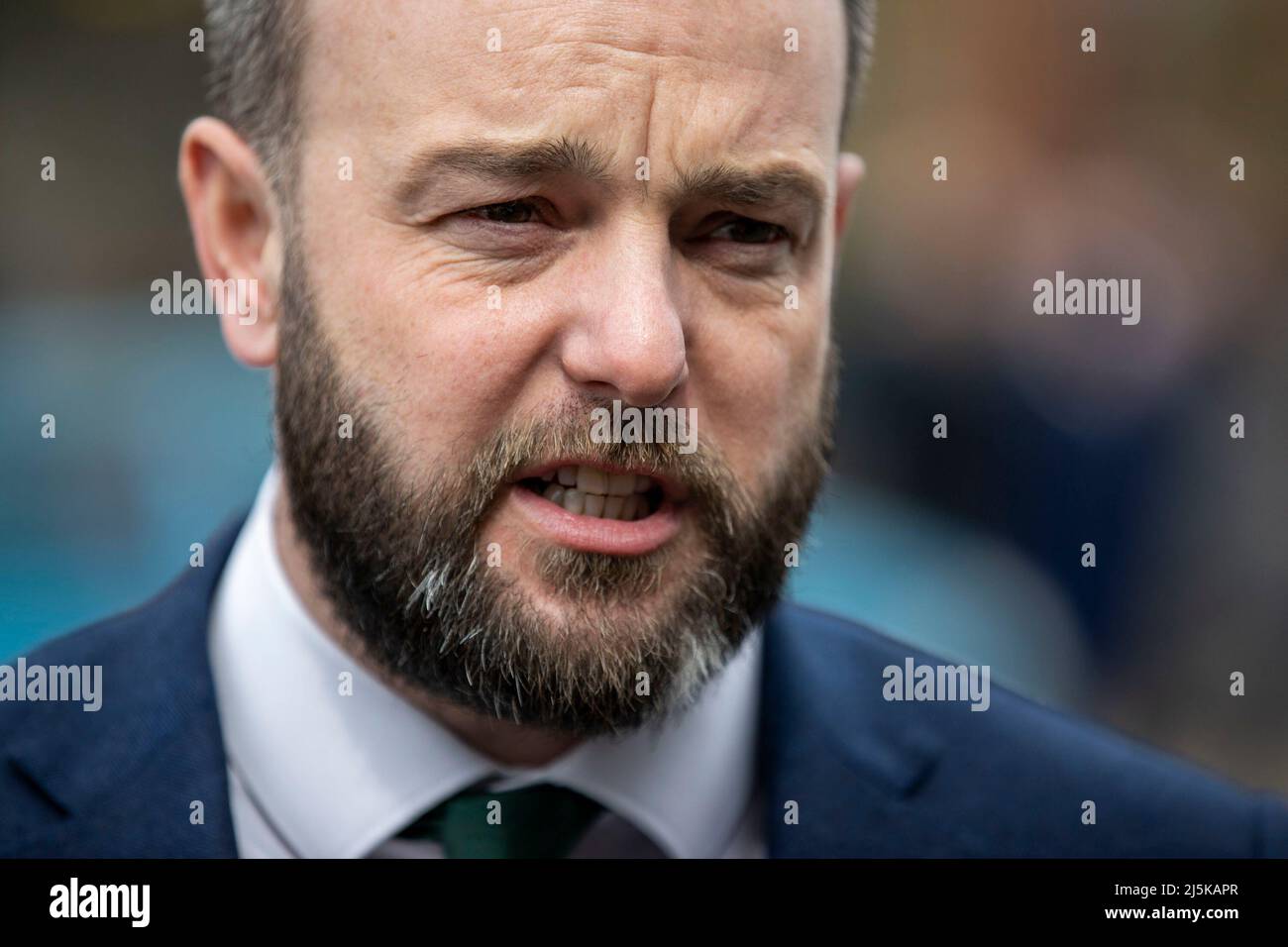 SDLP Leader Colum Eastwood MP during an interview on the Falls Road ...