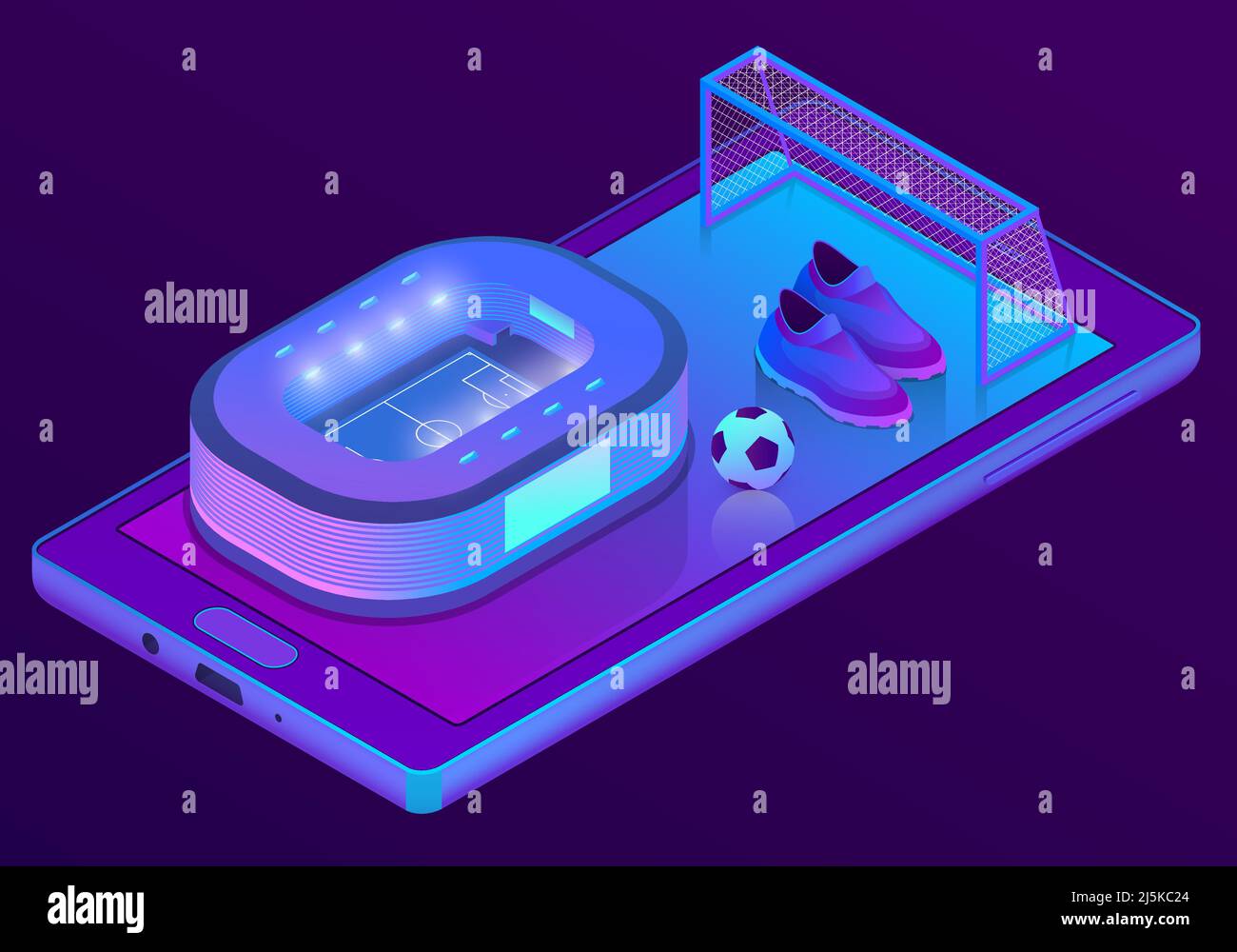 Vector 3d isometric ultraviolet smartphone with football stadium and equipment - boots, goal. Sport app on display of electronic device for betting, w Stock Vector