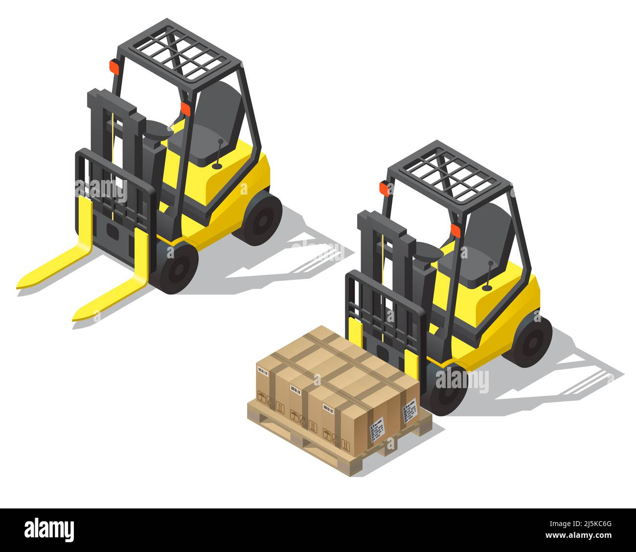 Vector 3d isometric forklift set isolated on white background. Empty yellow loader and machine with pallet, cardboard boxes for storage, warehouse. Sh Stock Vector