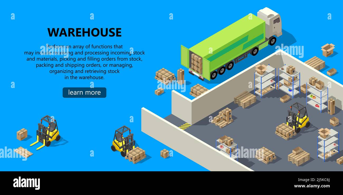 Vector 3d isometric template with warehouse, truck. Site with button ...