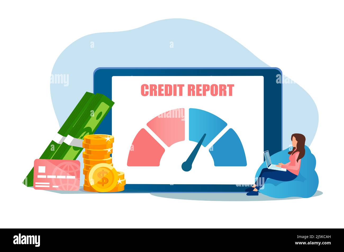Vector of a young woman with laptop getting her credit report online Stock Vector