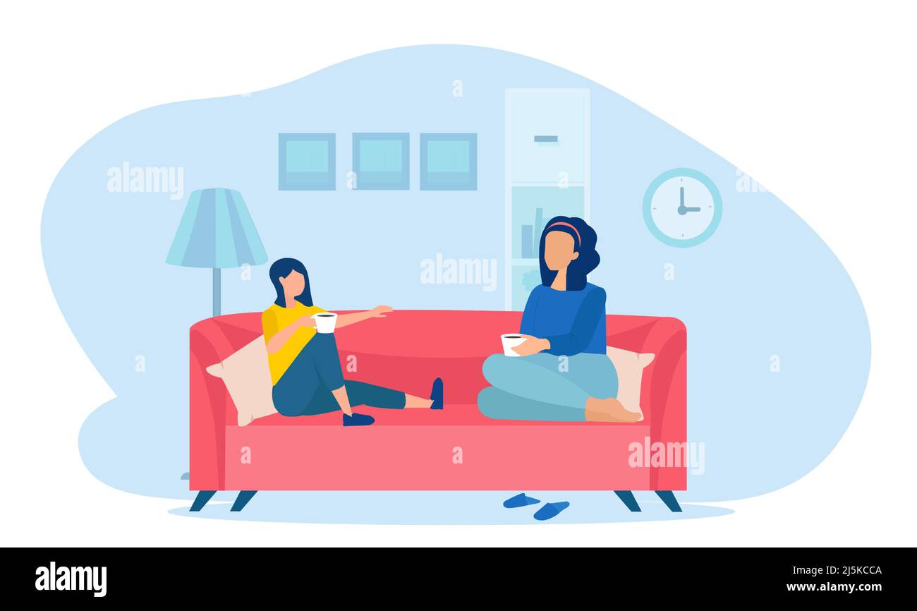 Vector of a mother and teen daughter talking sitting on a sofa at home. Stock Vector