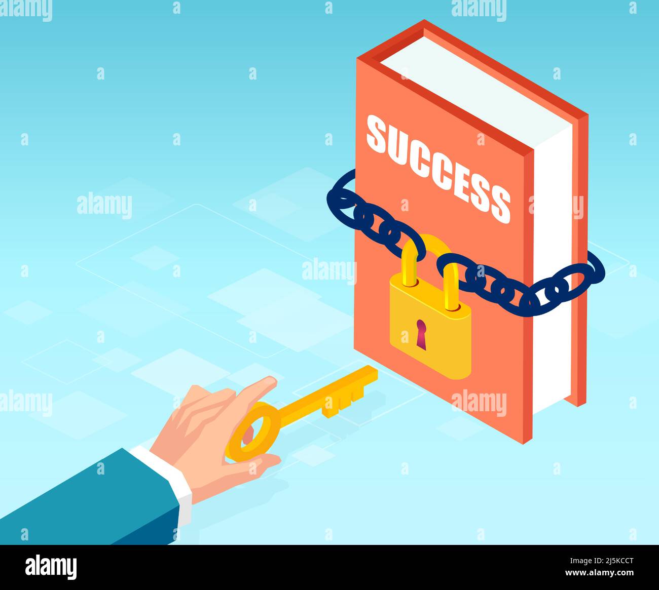 Vector of a businessman hand holding a key to unlock a success book with lock. Key to success and education concept. Stock Vector