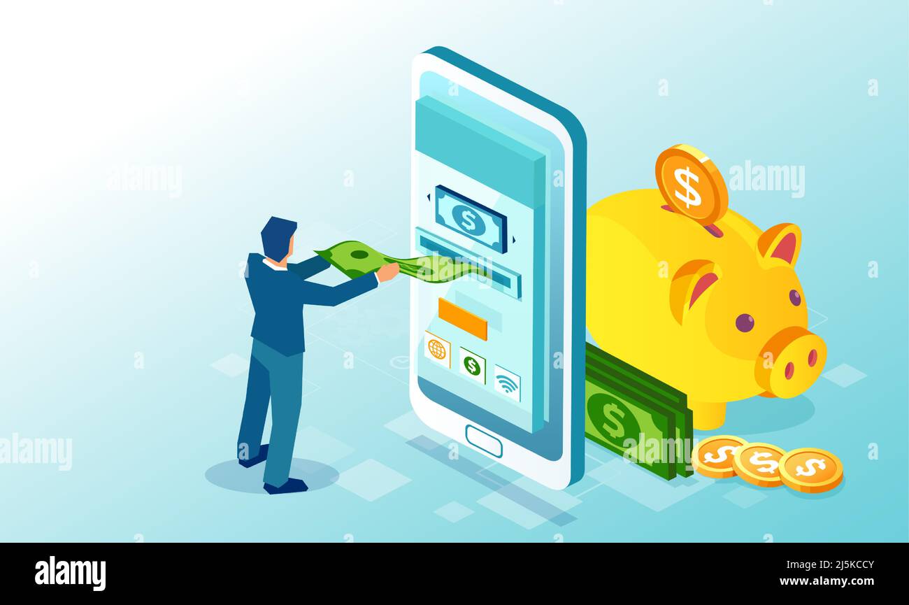 Vector of a man making money deposit using mobile app on a smartphone Stock Vector