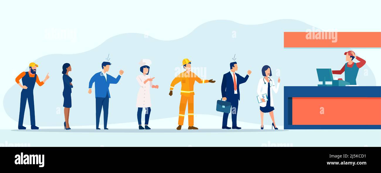 Vector of a long queue of angry people of different professions standing in supermarket Stock Vector